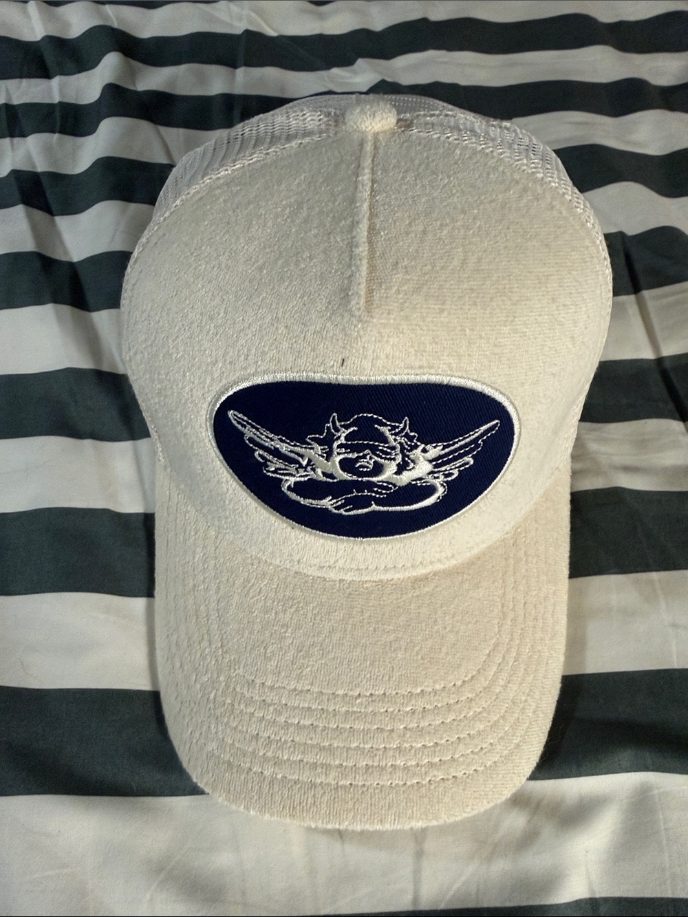 Boys Lie White Terry Cloth Trucker Hat with blue embroidered Patch